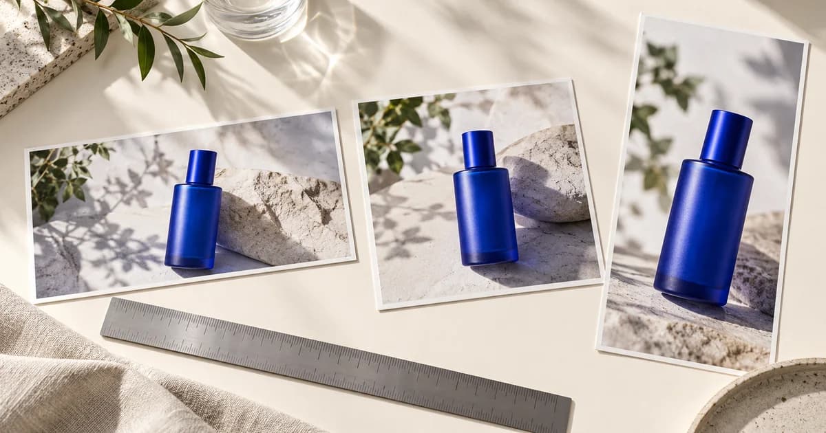 横長・正方形・縦長に展開した青いボトルの広告と定規