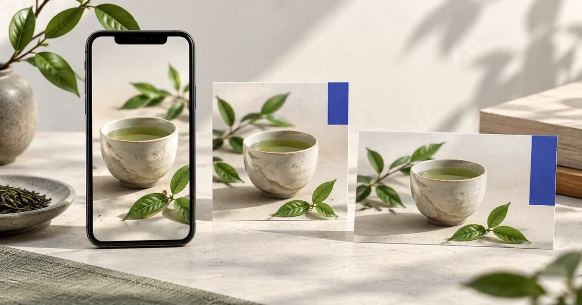 スマートフォンと正方形・横長のお茶の広告