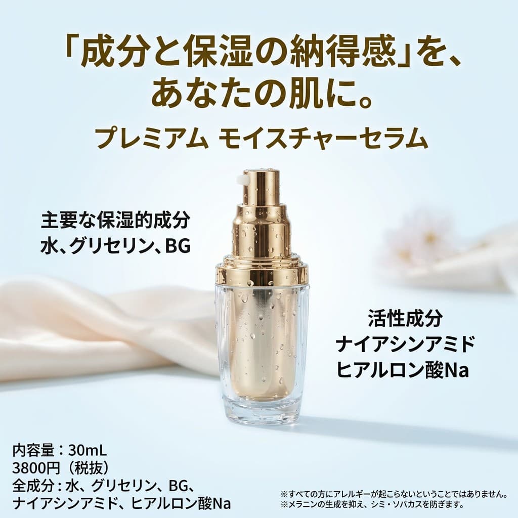 プレミアムモイスチャーセラムの広告バナー。ライトブルー背景で成分と保湿を訴求。