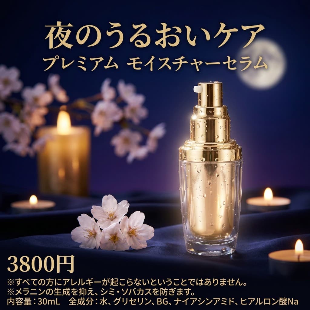 夜のうるおいケアをテーマにしたバリエーション。桜・キャンドル・月の夜景。