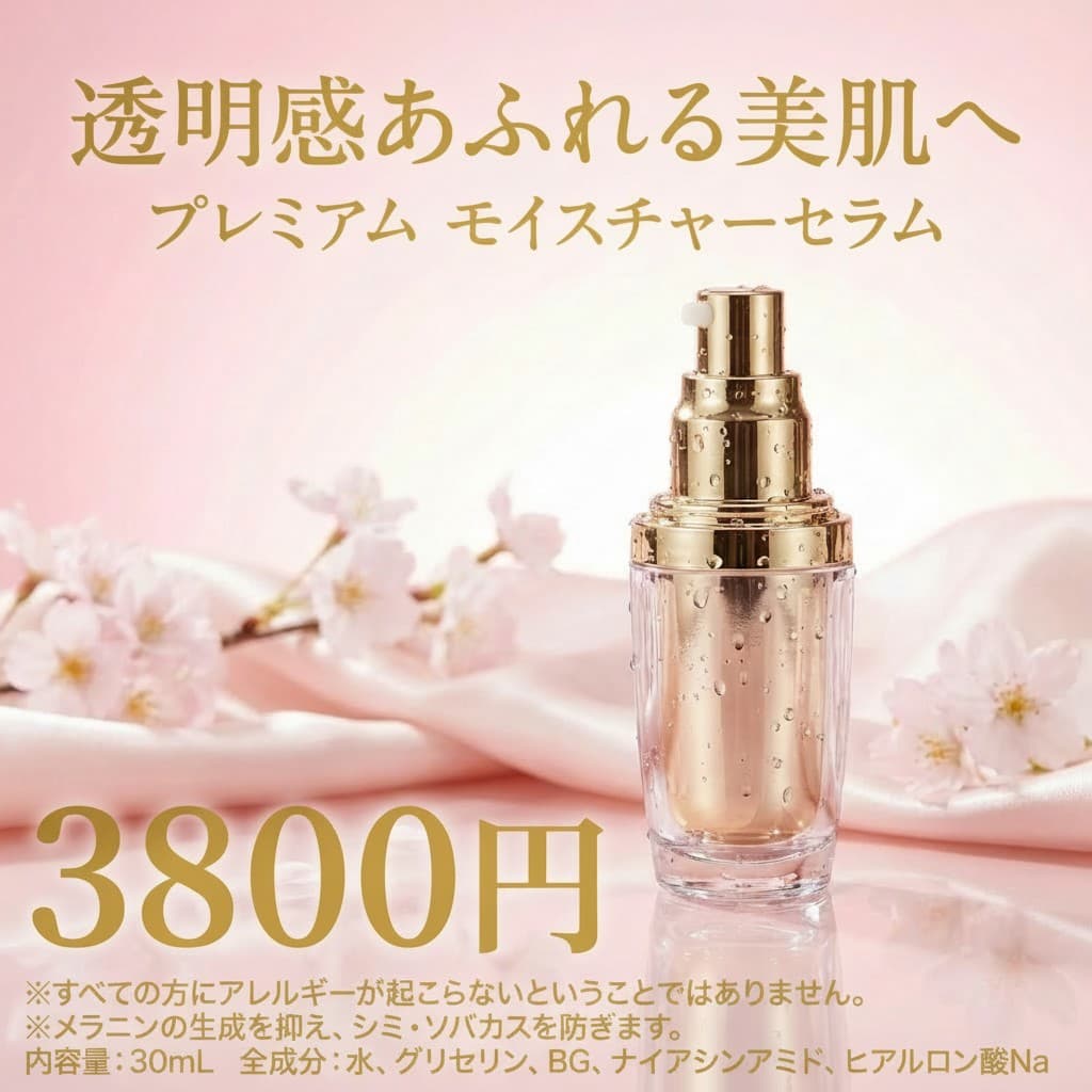 元となるコスメ広告(プレミアムモイスチャーセラム)のサンプル画像。桜とシルクを背景にした正方形の訴求ビジュアル。